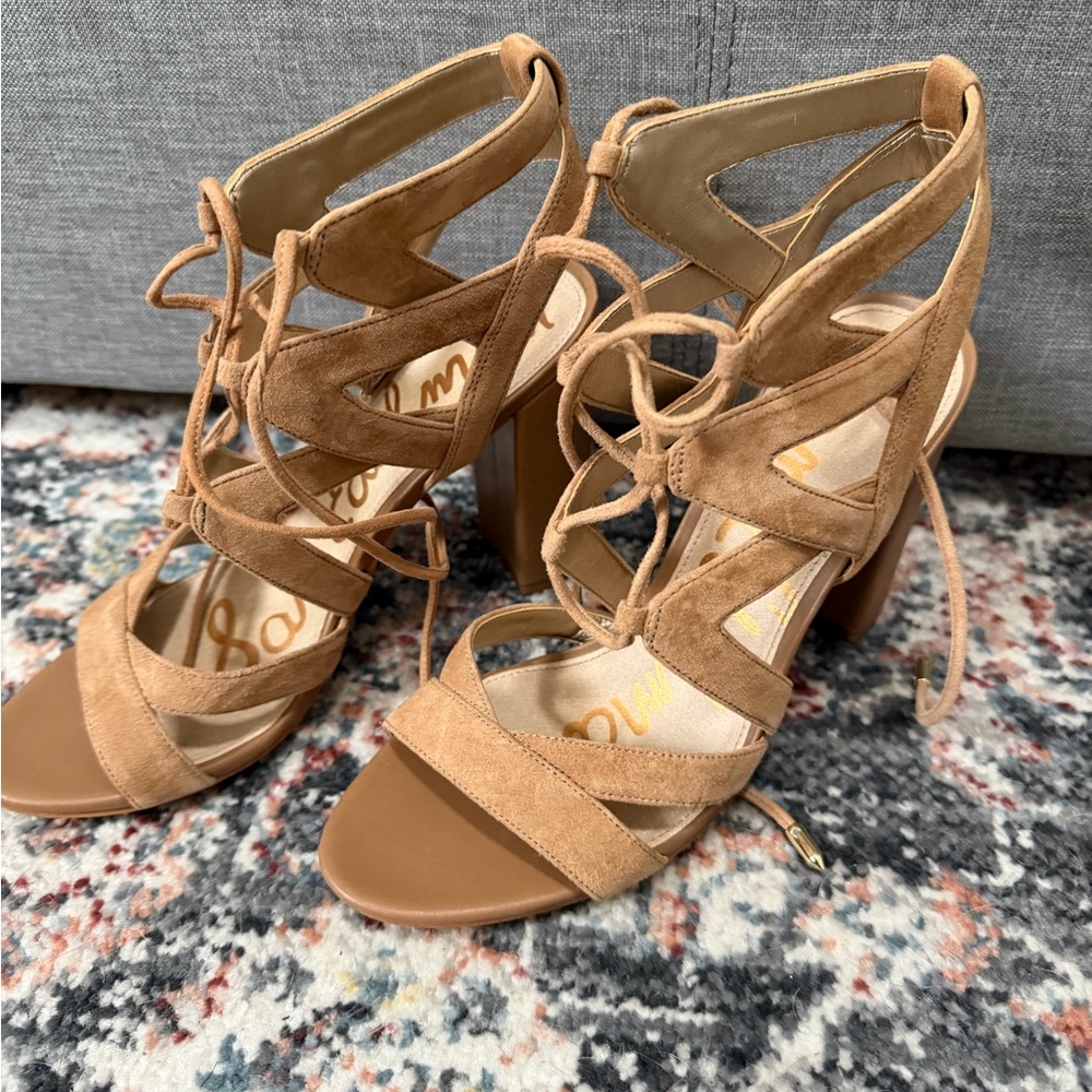 Sam Edelman Tan Suede Lace-Up Block Heels
